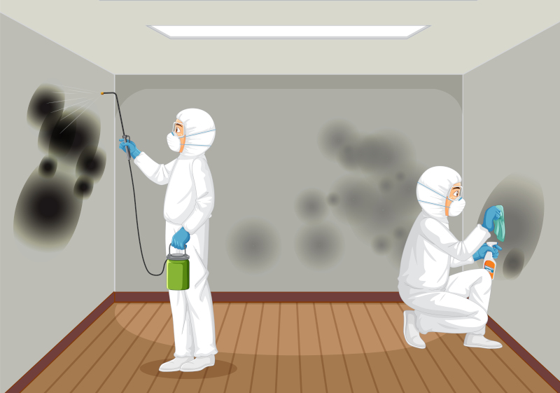 Man in protective hazmat suit cleaning mold on the wall illustration